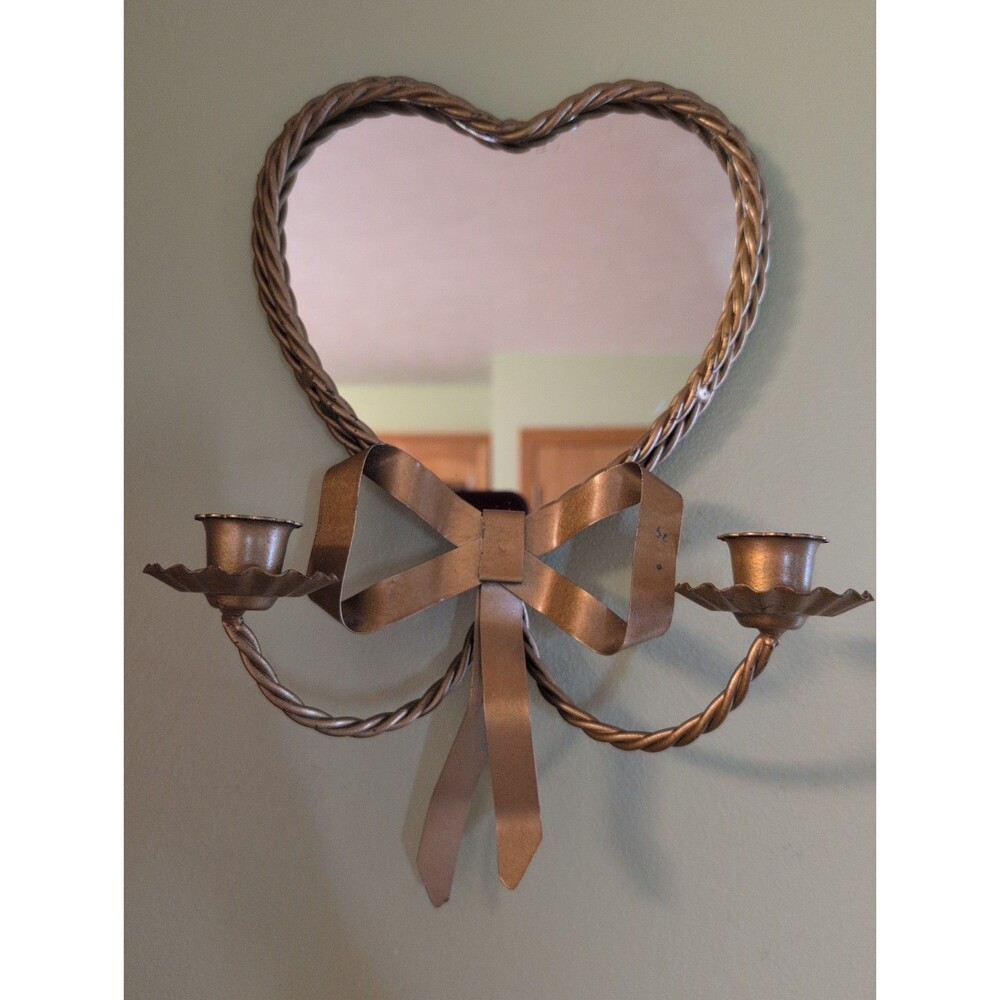 Vtg Wall Mirror Hollywood Regency Heart Bow Candle Gold Scone 8x12 Cottagecore